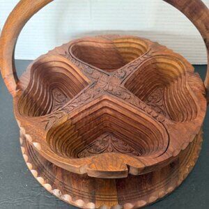 Beautiful Hand Carved Collapsible Heart Basket - 4 Compartments